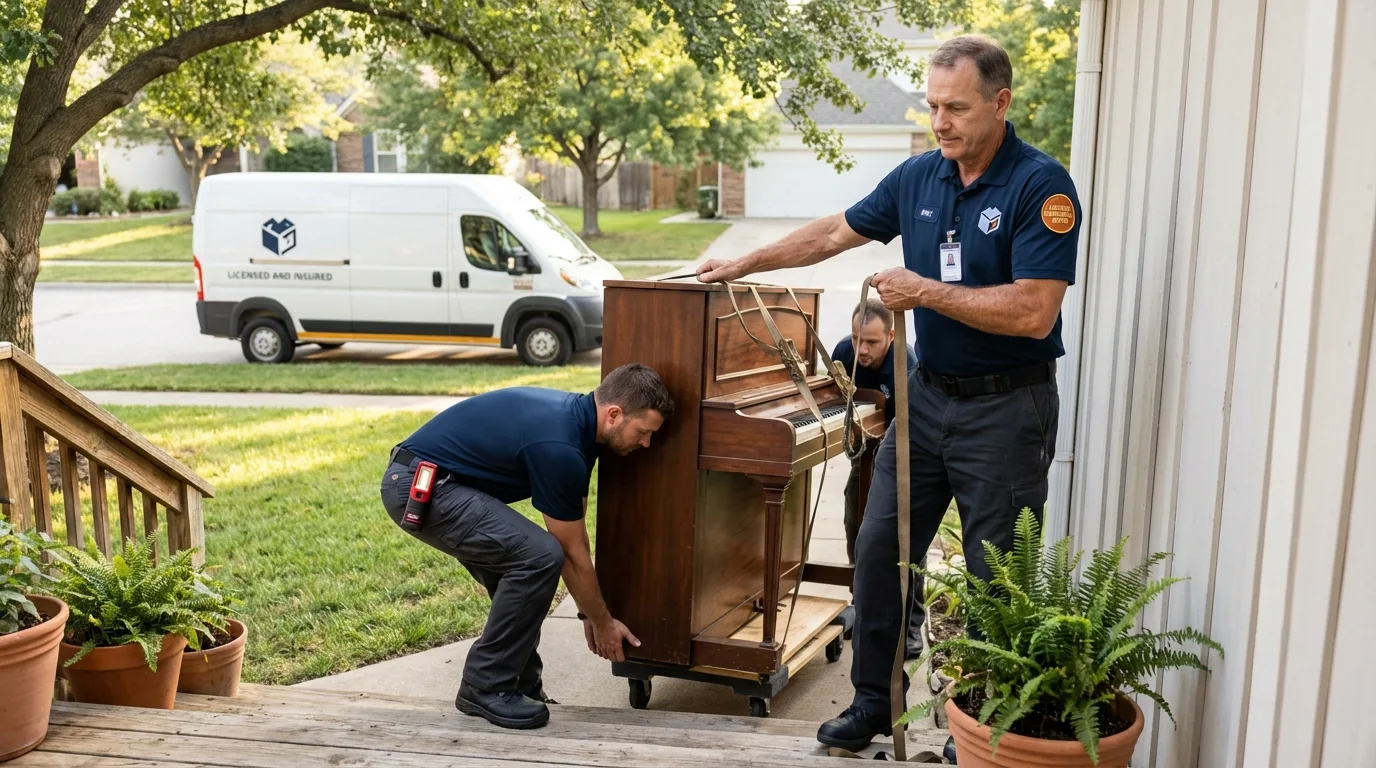 Licensed piano movers securing grand piano in Kennebunk, ME