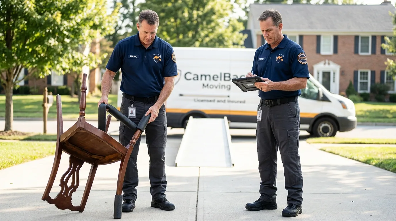 Movers inspecting furniture for damage prevention before loading in Kennebunk, ME
