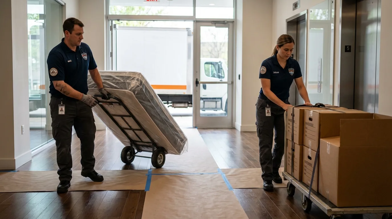 Professional apartment movers loading elevator in Kennebunk, ME